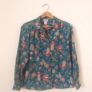 Vintage 90s Koret Teal Blouse with Floral Print, 6P